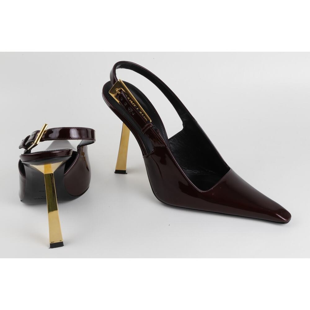 Saint Laurent Lee Burgundy Patent Leather Slingback Pointed Toe Heels Gold 37 - Picture 10 of 16